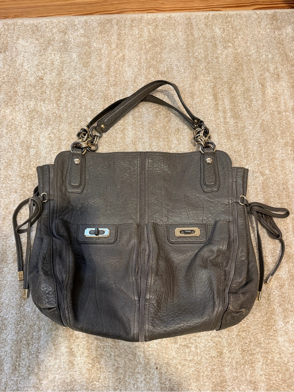 Coach Leather Gray Large Black Shoulder Bag with Gold and Silver Accents